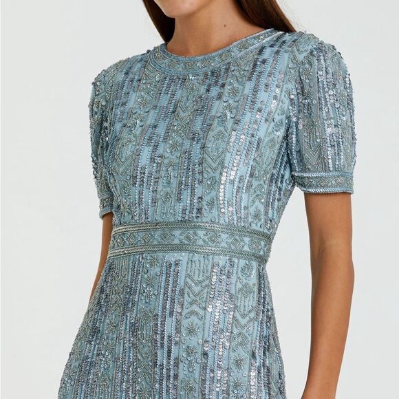 Mac Duggal 5980 Blue High Neck Short Sleeve Crystal Fringe Column Dress - Picture 3 of 15